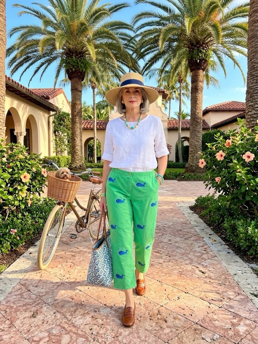 CJ Laing Vintage Green 100% Cotton Ankle Pants Embroidered Whale Coastal Core